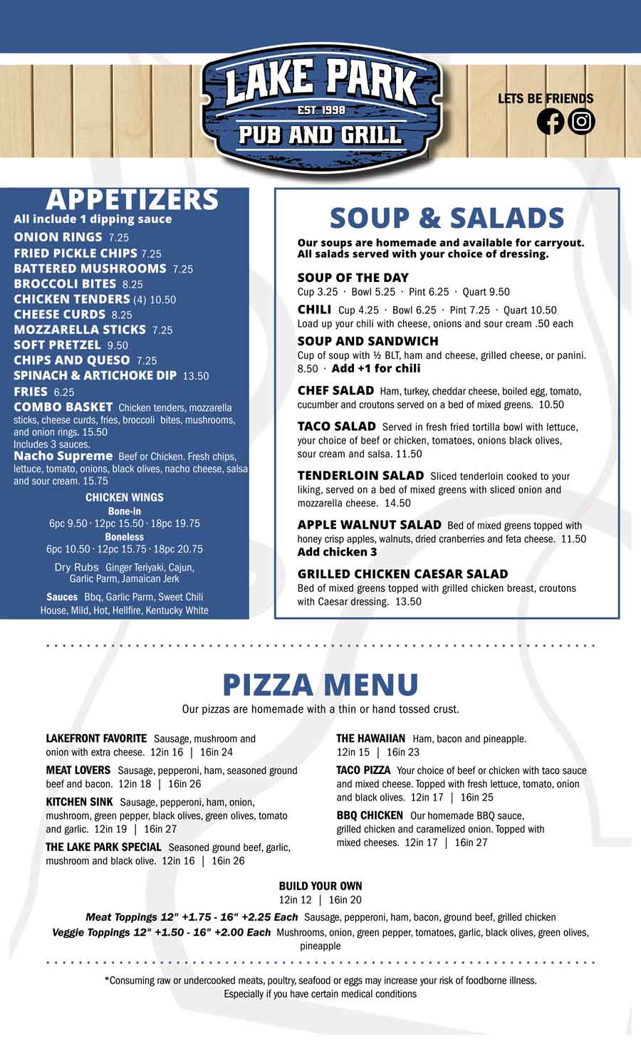 Lake Park Pub menu June 2026